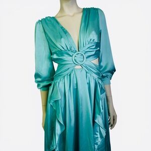 BOOHOO Occasional Satin Ruffle Plunge Maxi Dress with Cutout Waist 10